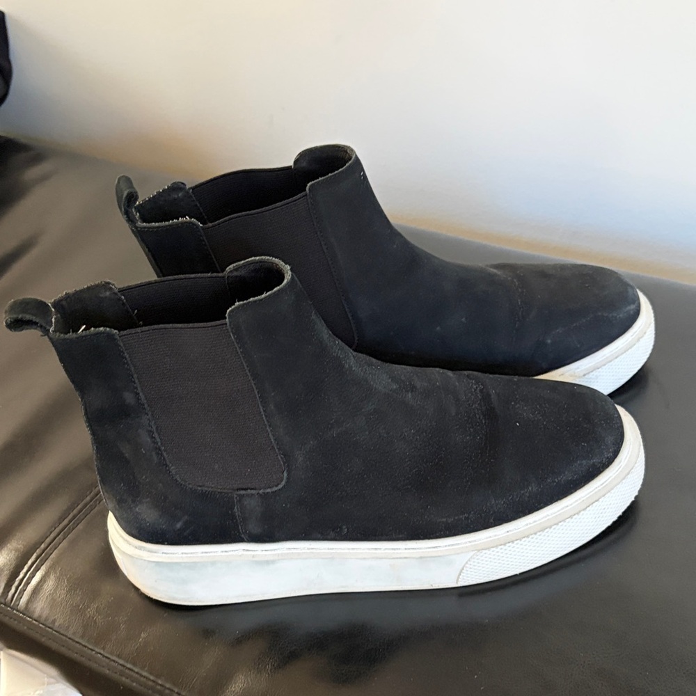 J Slides Black Suede Chelsea Slip-On Booties with White Sole